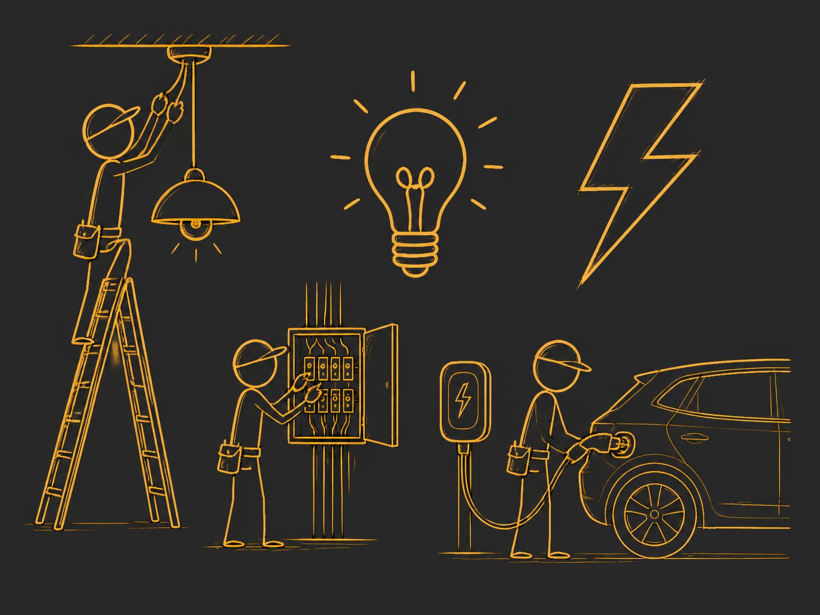 Illustration med streckgubbar som utför elarbete: lampmontage, elcentral och laddbox
